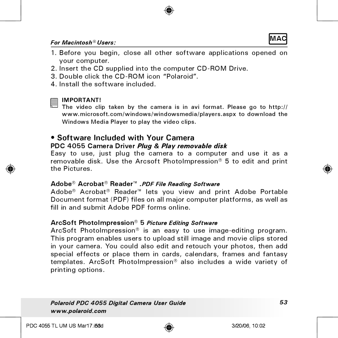 Polaroid PDC4055 manual Software Included with Your Camera, ArcSoft PhotoImpression 5 Picture Editing Software 