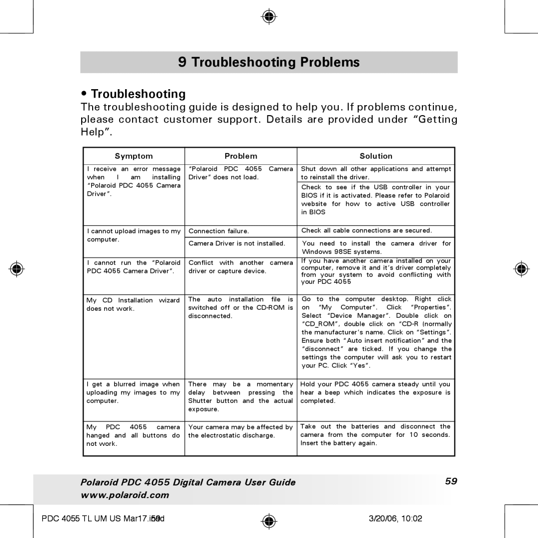 Polaroid PDC4055 manual Troubleshooting Problems 