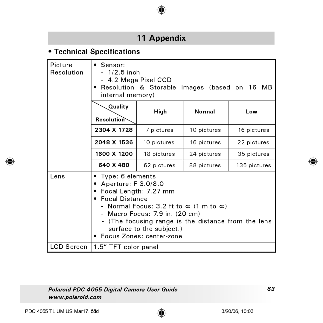 Polaroid PDC4055 manual Appendix, Technical Specifications, Lens Type 6 elements 