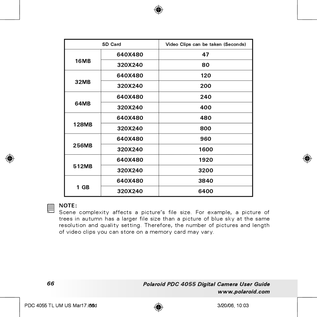 Polaroid PDC4055 manual SD Card Video Clips can be taken Seconds 