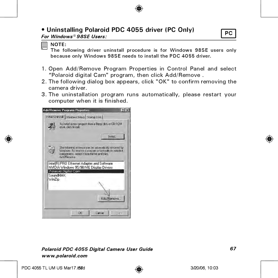 Polaroid PDC4055 manual Uninstalling Polaroid PDC 4055 driver PC Only 