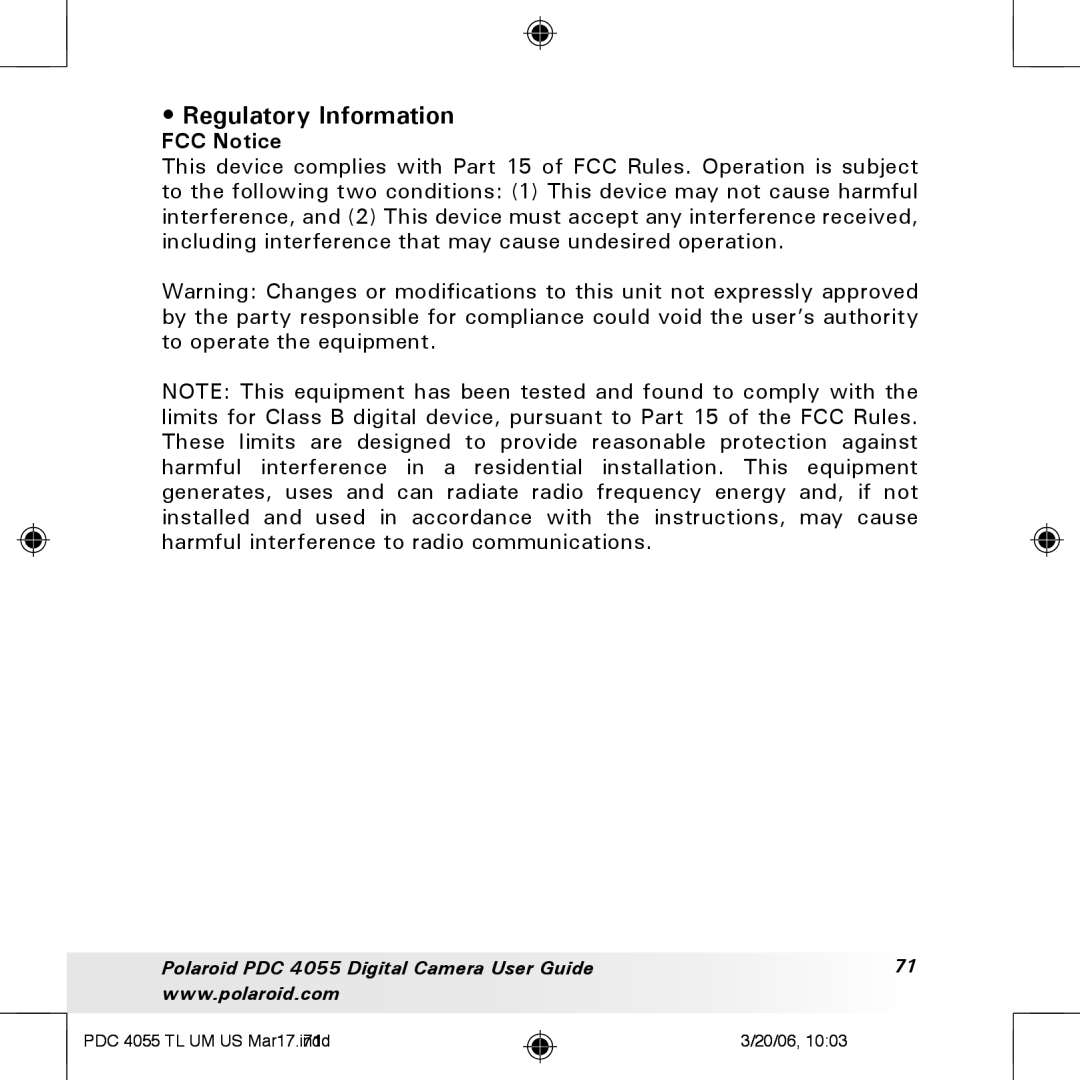 Polaroid PDC4055 manual Regulatory Information, FCC Notice 