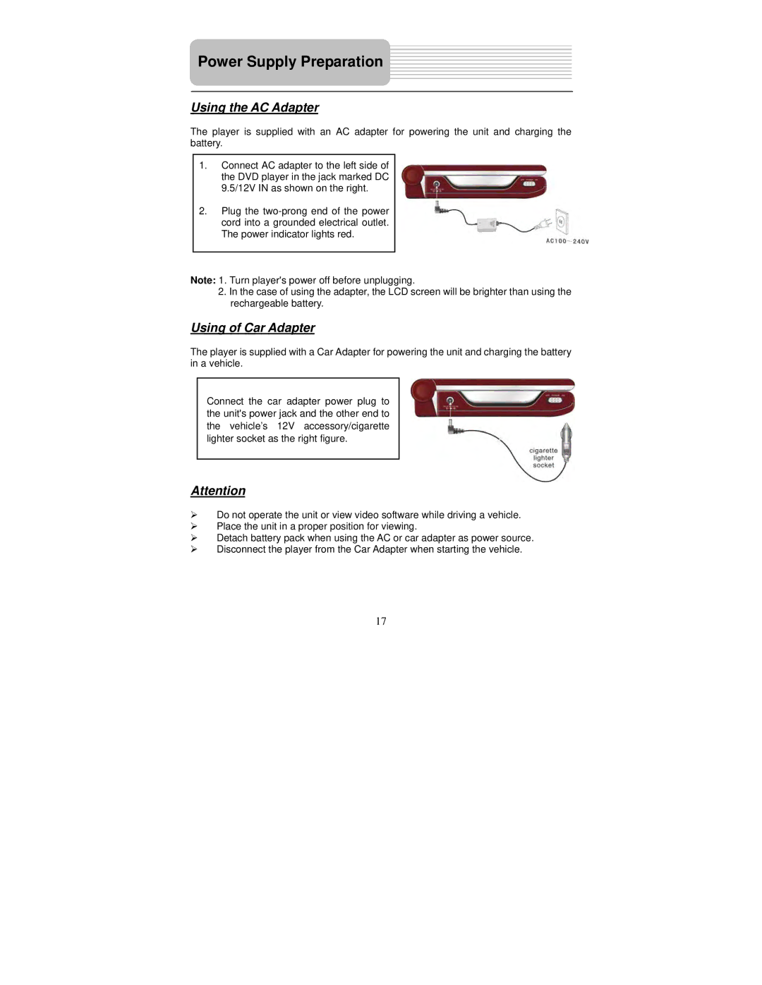 Polaroid PDM-0082M user manual Power Supply Preparation, Using the AC Adapter, Using of Car Adapter 