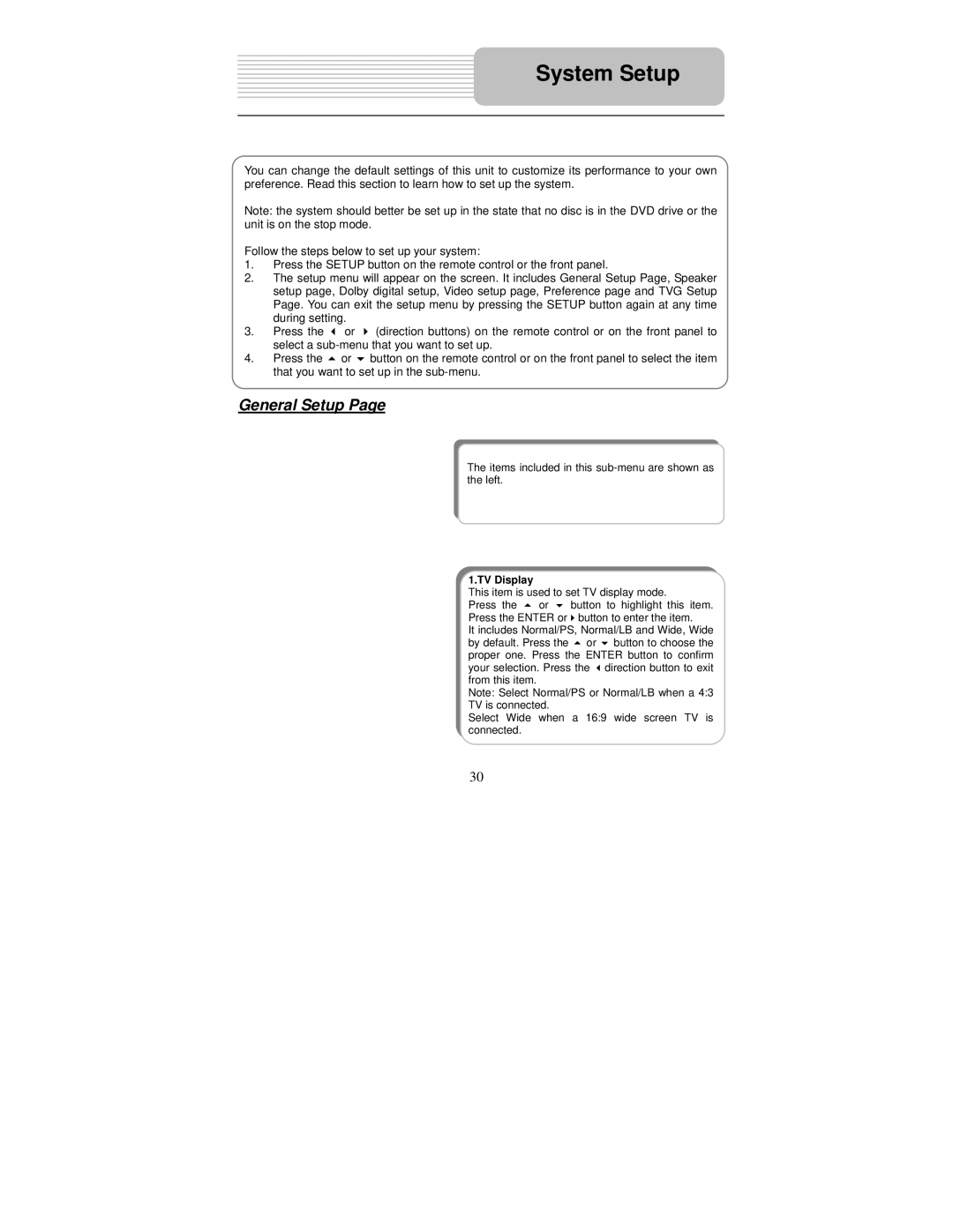 Polaroid PDM-0082M user manual General Setup, TV Display 