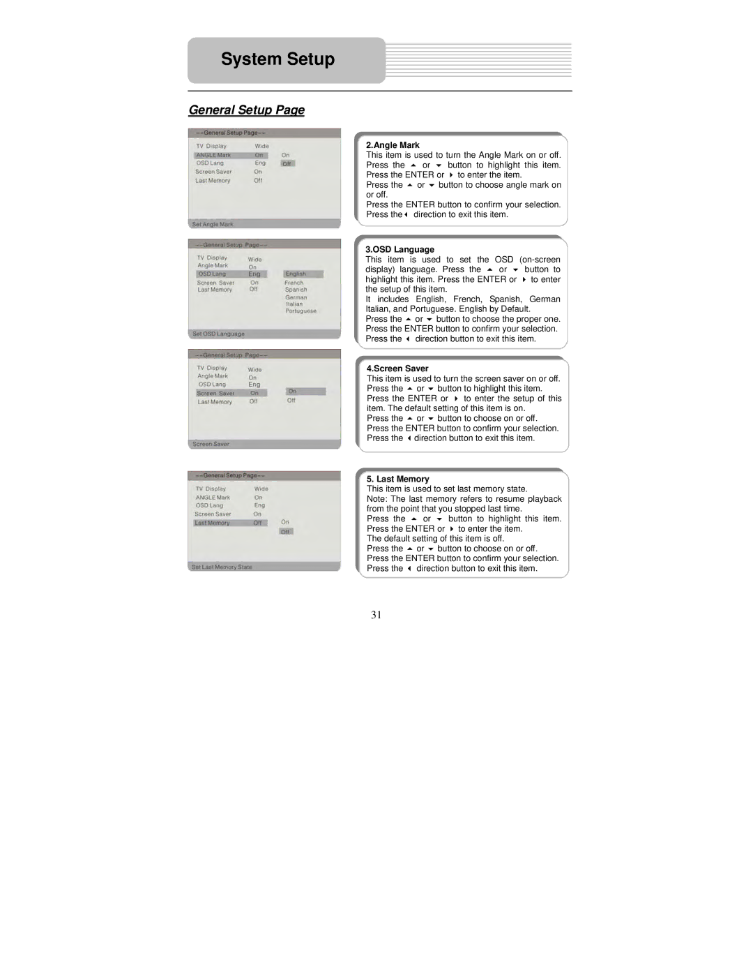 Polaroid PDM-0082M user manual Angle Mark, OSD Language, Screen Saver, Last Memory 