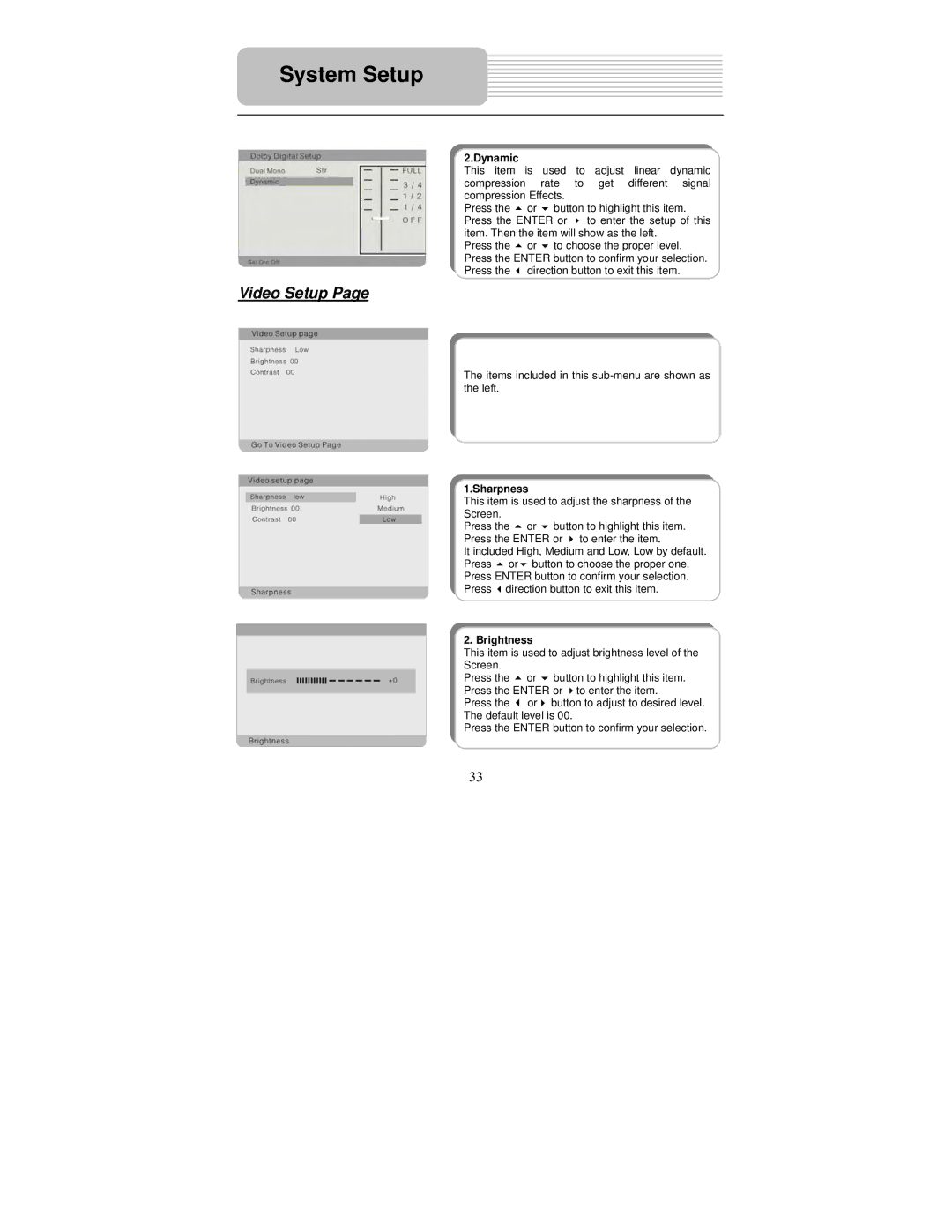 Polaroid PDM-0082M user manual Video Setup, Dynamic, Sharpness, Brightness 