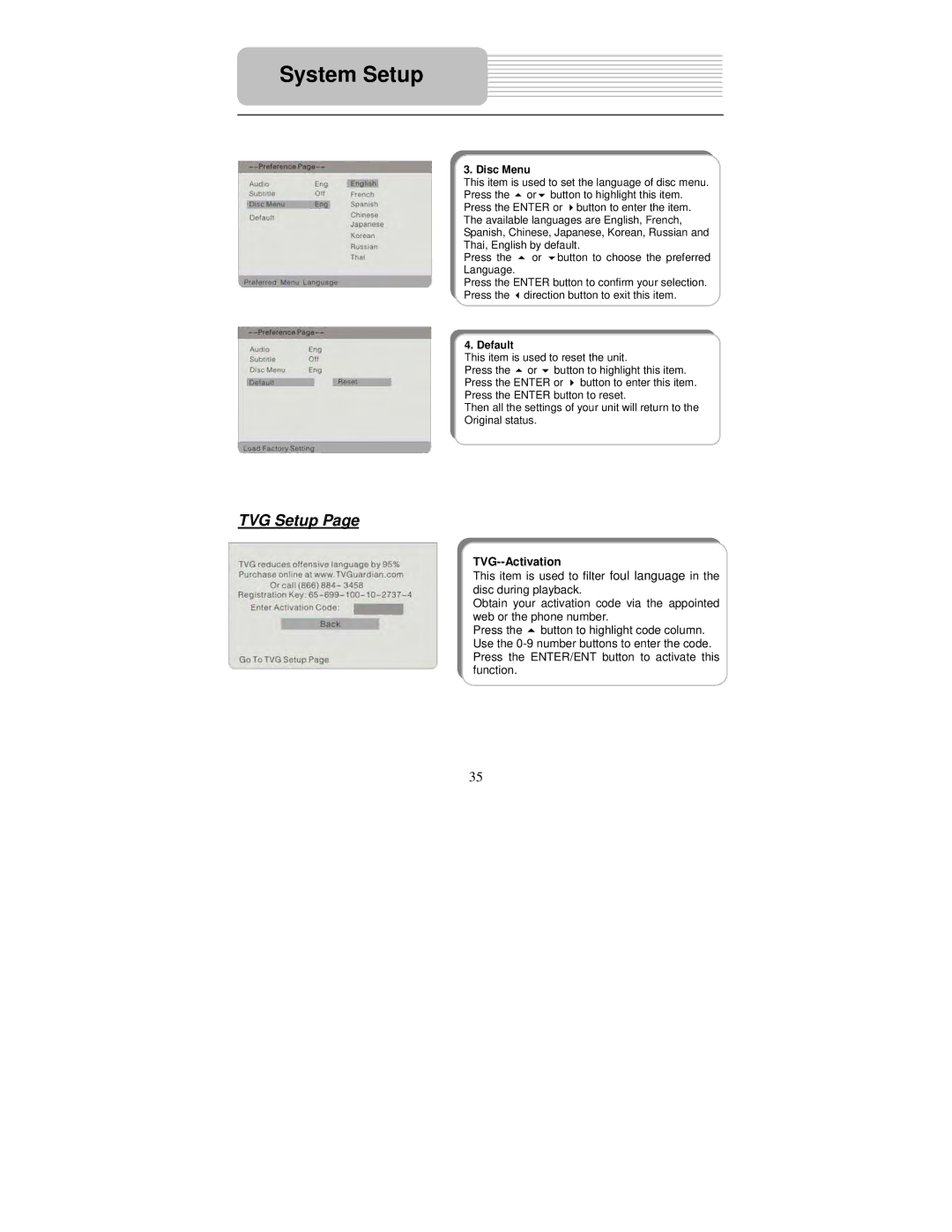 Polaroid PDM-0082M user manual TVG Setup, TVG--Activation, Disc Menu, Default 