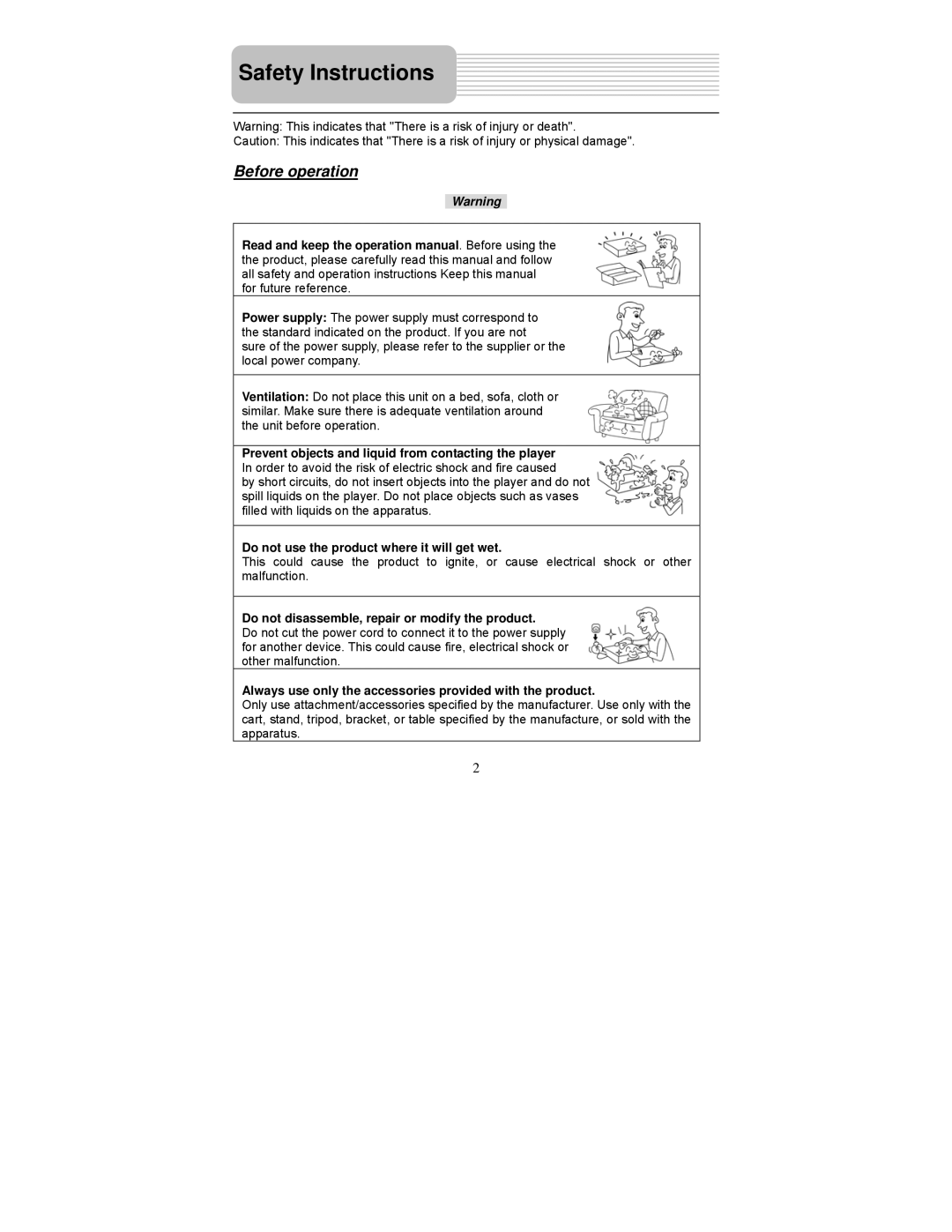 Polaroid PDM-0711 operation manual Safety Instructions, Before operation, Do not use the product where it will get wet 