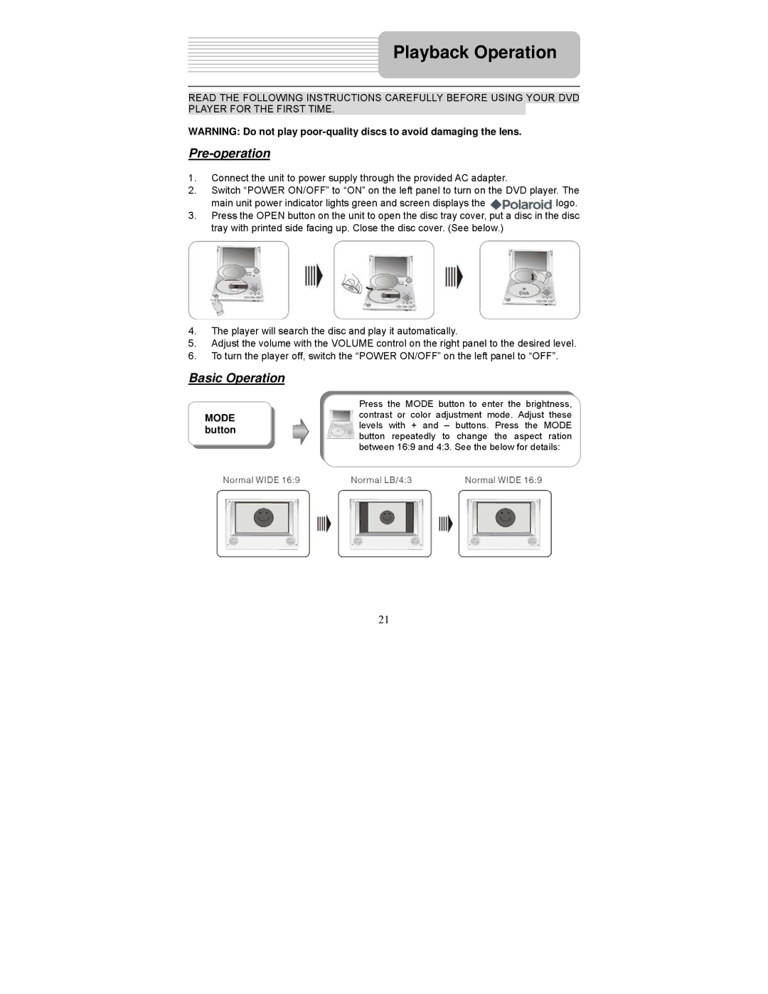 Polaroid PDM-0711 operation manual Playback Operation, Pre-operation, Basic Operation 