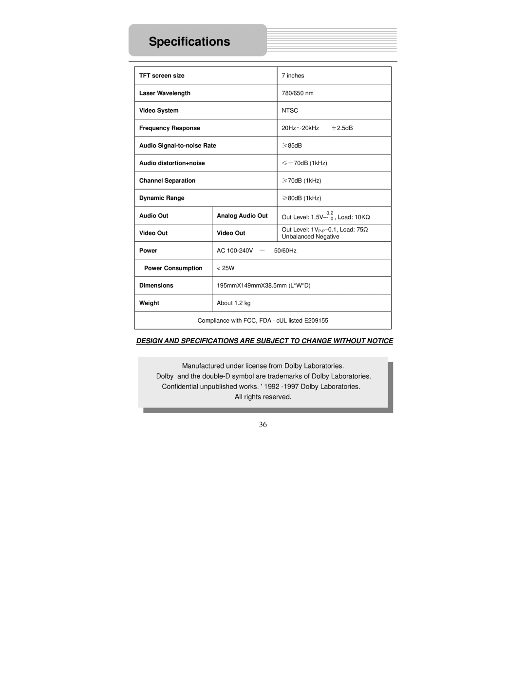 Polaroid PDM-0711 operation manual Specifications 