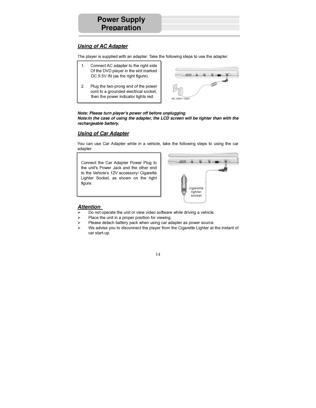 Polaroid PDM-0714 operation manual Power Supply Preparation, Using of AC Adapter, Using of Car Adapter 