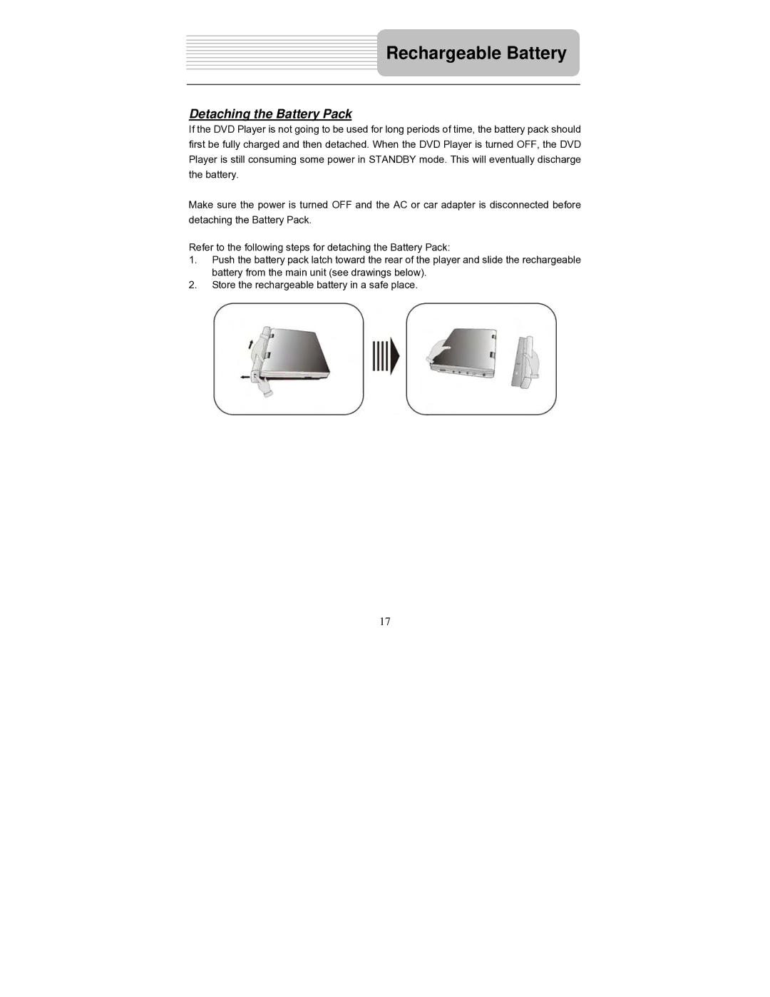 Polaroid PDM-0714 operation manual Detaching the Battery Pack 