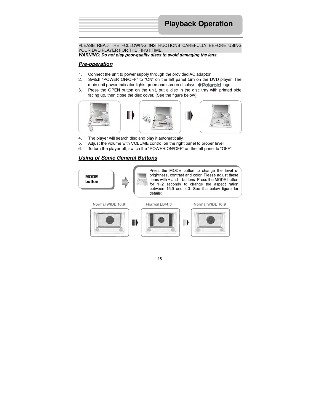 Polaroid PDM-0714 operation manual Playback Operation, Pre-operation, Using of Some General Buttons 