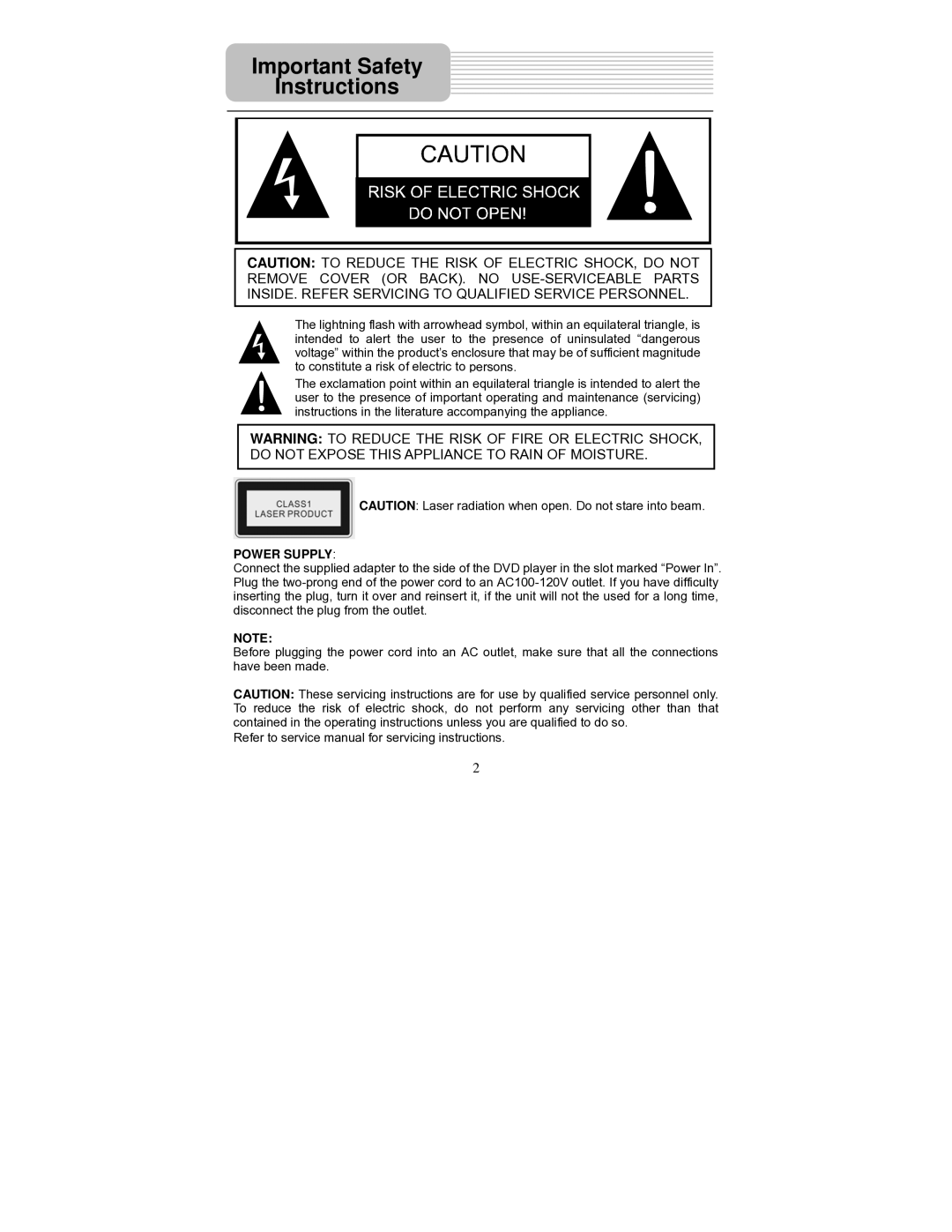 Polaroid PDM-0714 operation manual Important Safety Instructions, Power Supply 