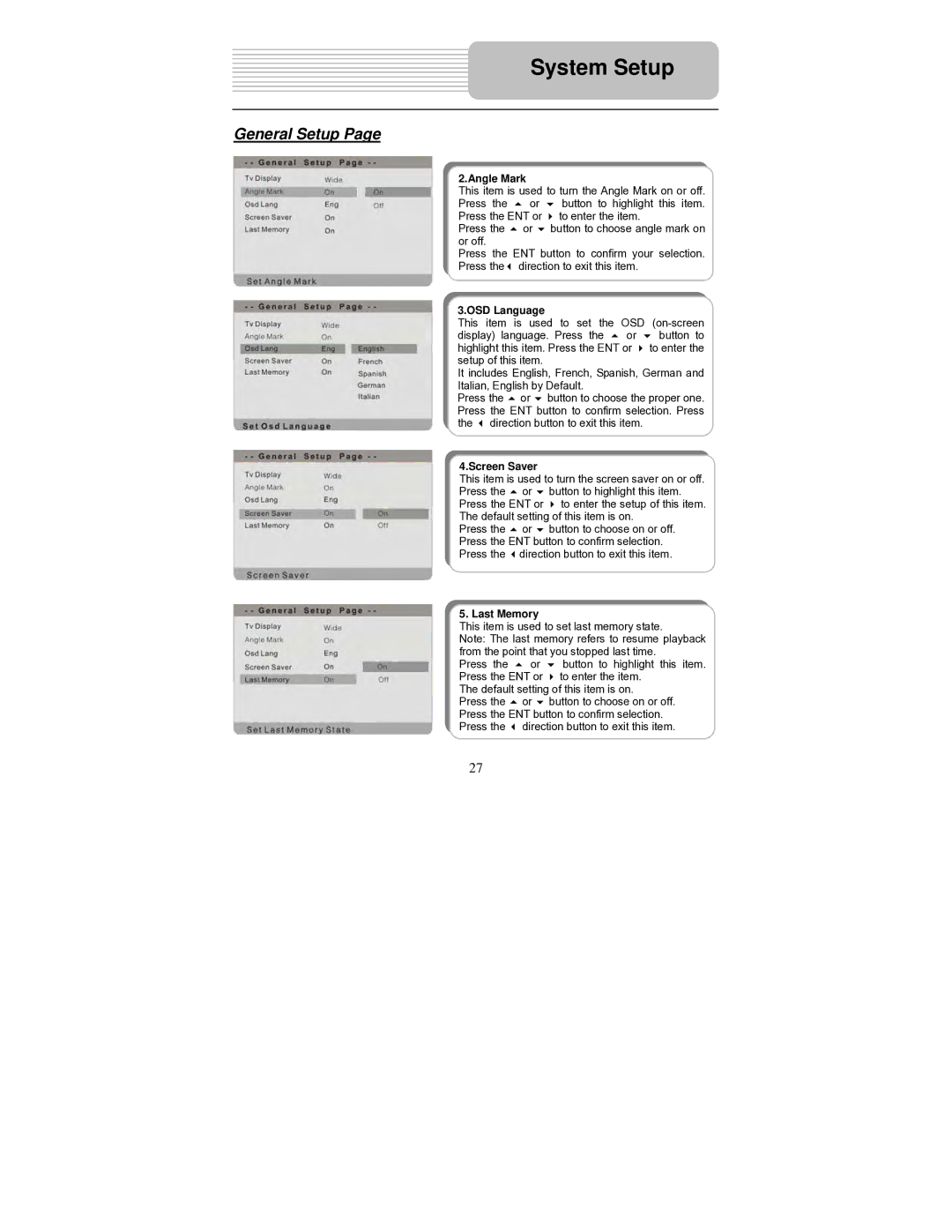 Polaroid PDM-0714 operation manual Angle Mark, OSD Language, Screen Saver, Last Memory 