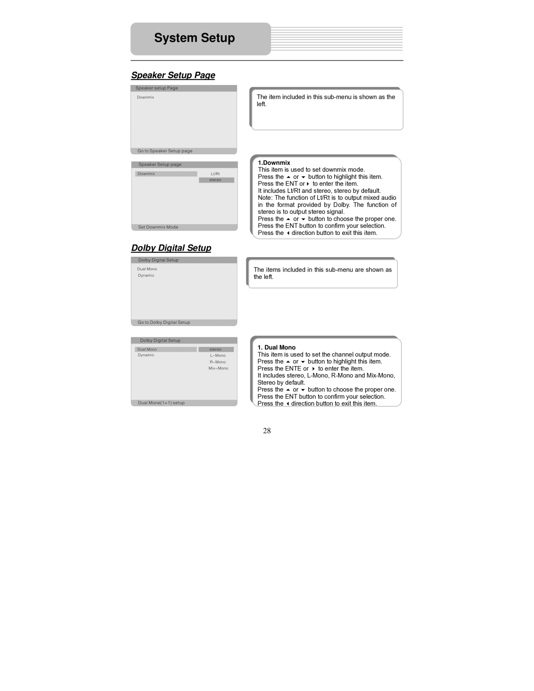 Polaroid PDM-0714 operation manual Speaker Setup, Dolby Digital Setup, Downmix, Dual Mono 