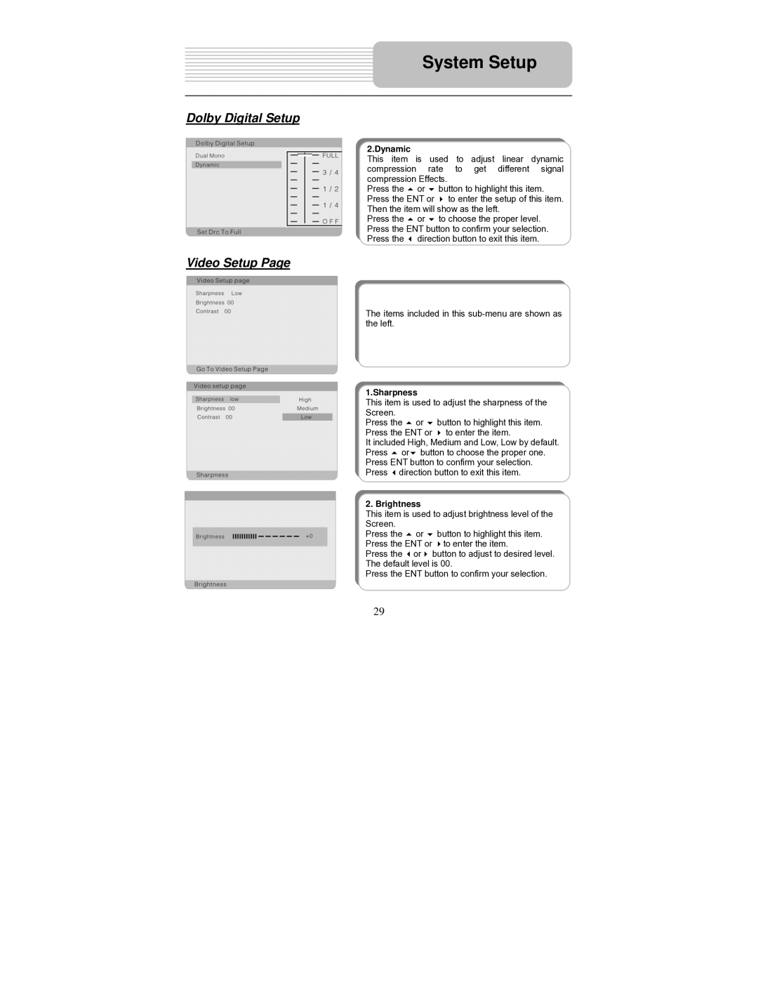 Polaroid PDM-0714 operation manual Video Setup, Dynamic, Sharpness, Brightness 