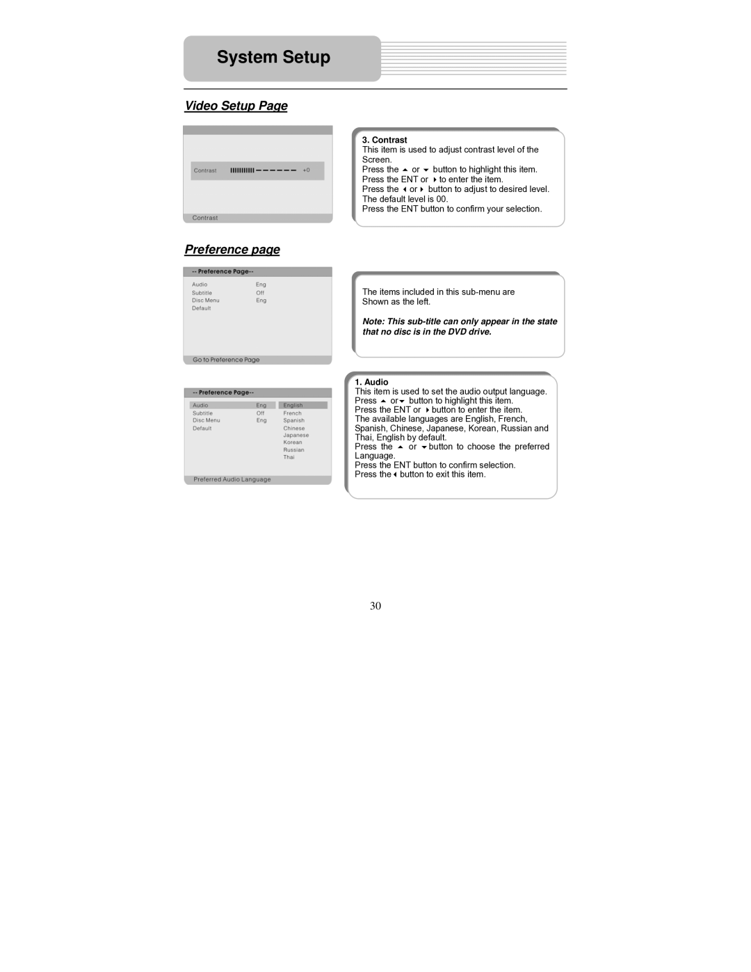 Polaroid PDM-0714 operation manual Preference, Contrast, Audio 