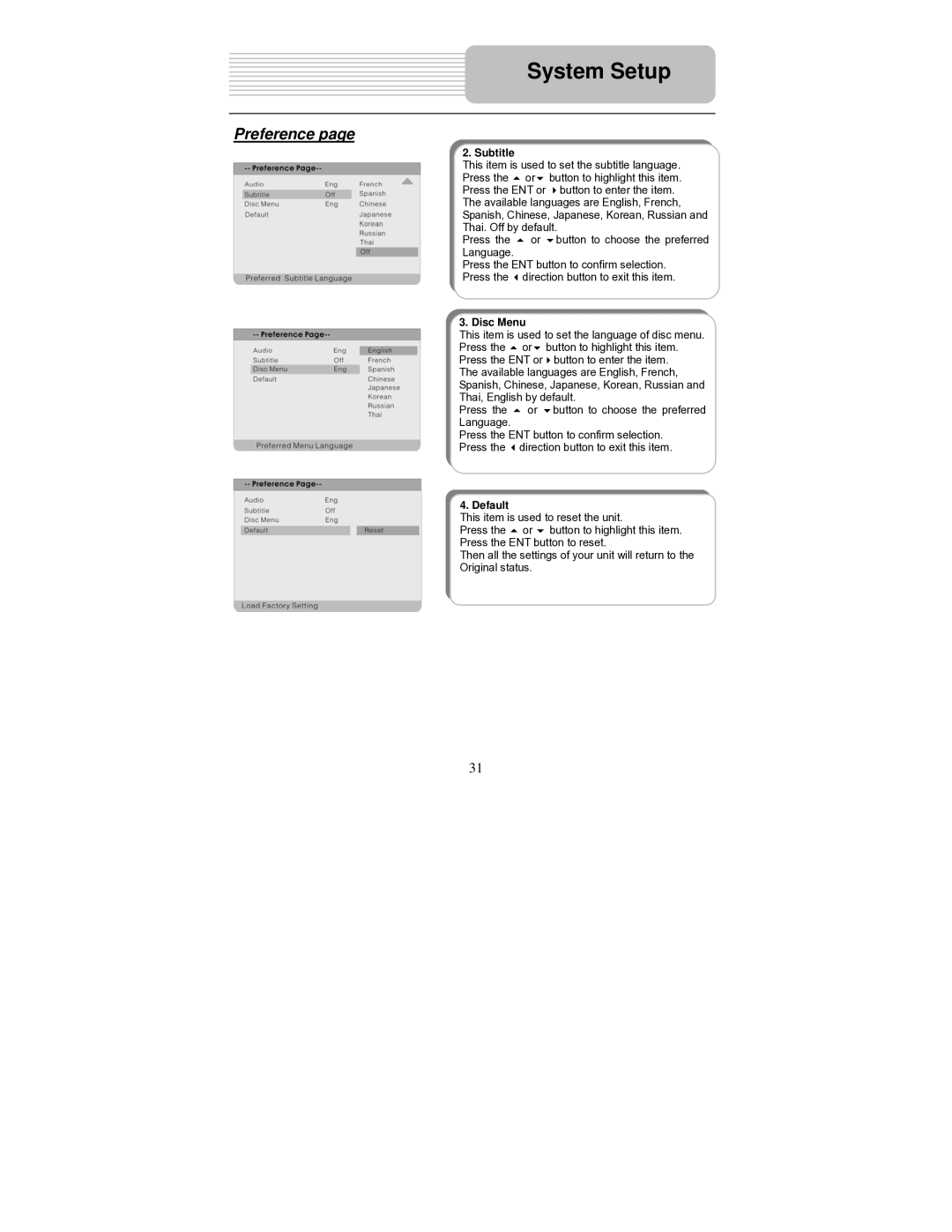 Polaroid PDM-0714 operation manual Subtitle, Disc Menu, Default 