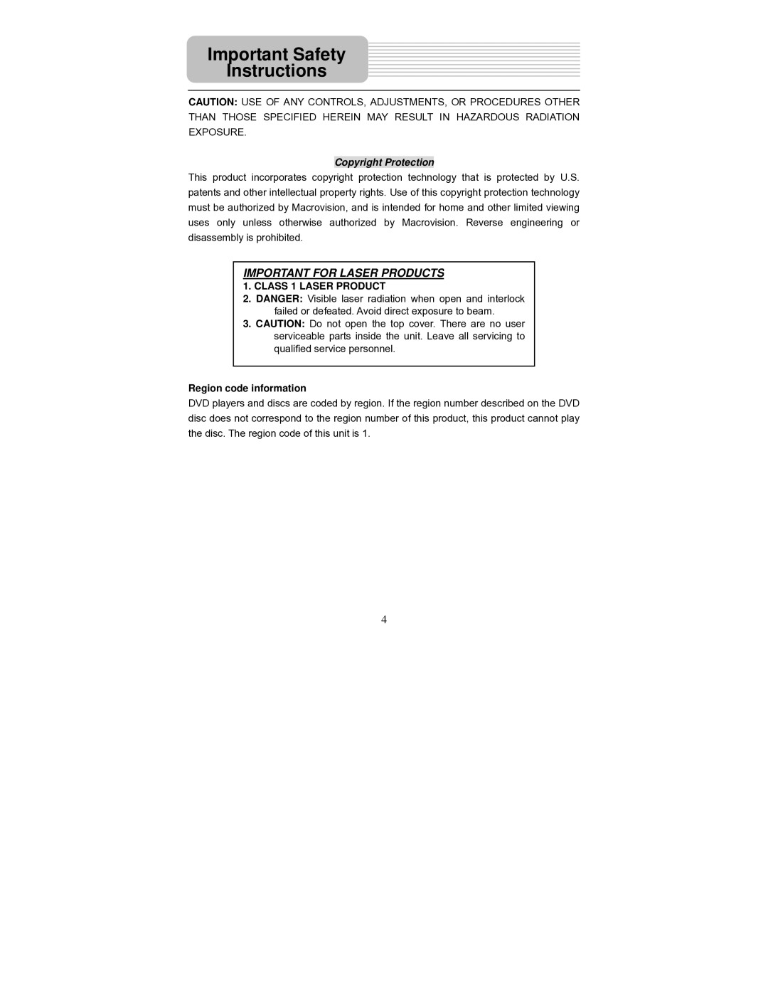 Polaroid PDM-0714 operation manual Important for Laser Products, Copyright Protection 