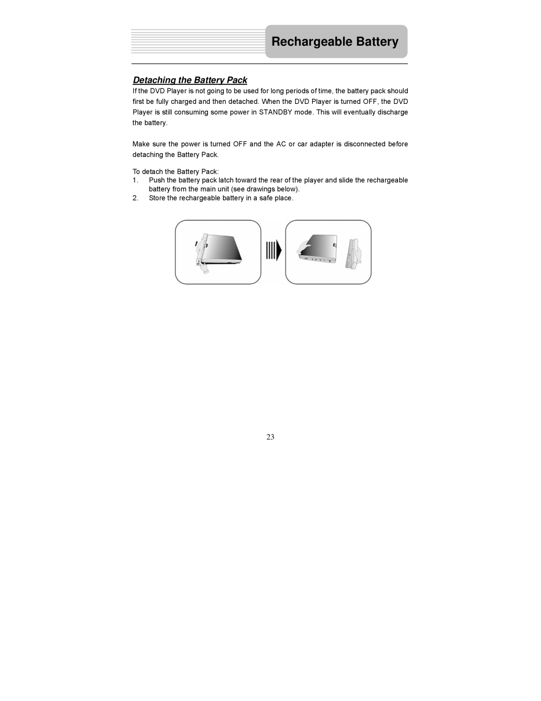 Polaroid PDM-0722 operation manual Detaching the Battery Pack 