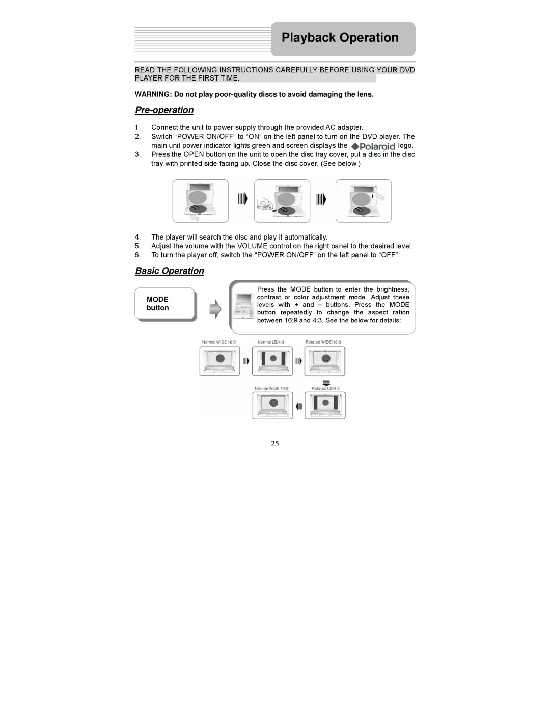 Polaroid PDM-0722 operation manual Playback Operation, Pre-operation, Basic Operation 