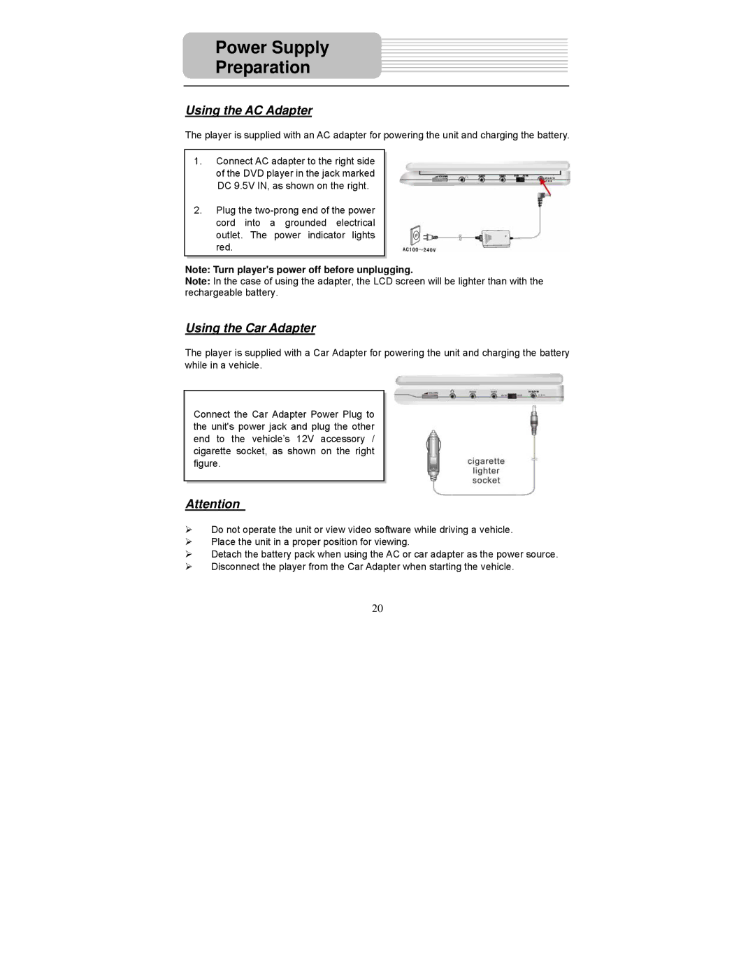 Polaroid PDM-0723 operation manual Power Supply Preparation, Using the AC Adapter, Using the Car Adapter 