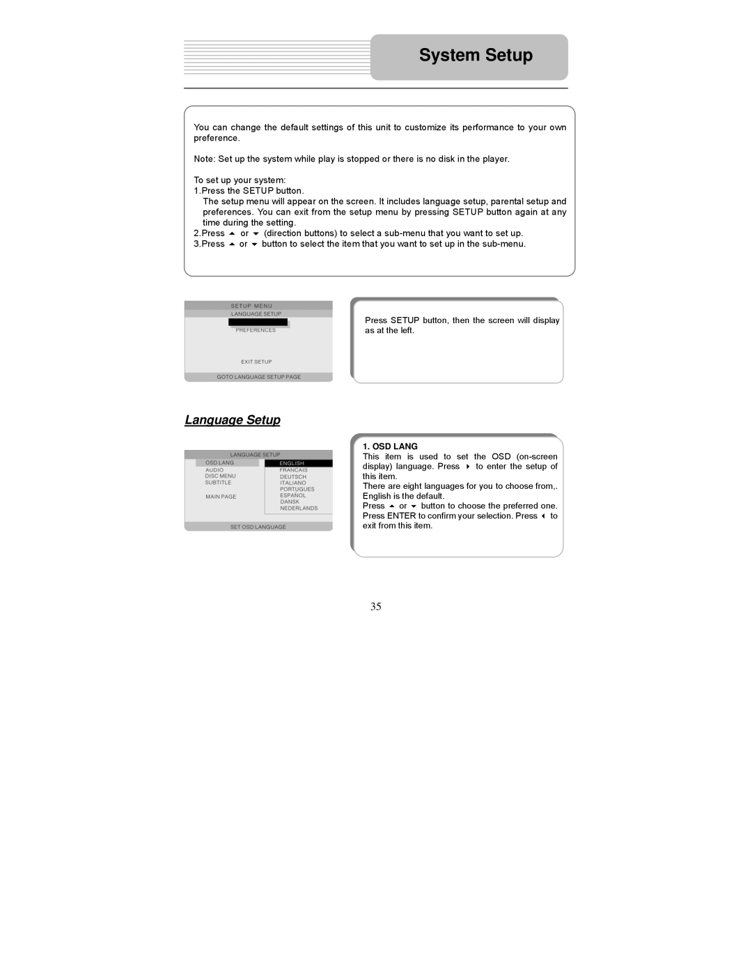 Polaroid PDM-0723 operation manual System Setup, Language Setup 