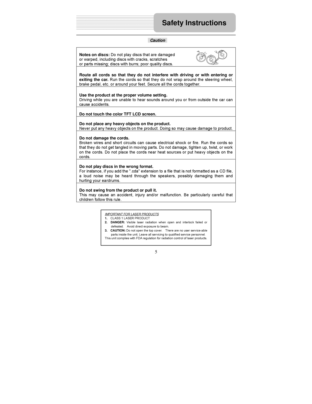 Polaroid PDM-0723 operation manual Or parts missing discs with burrs poor quality discs, Do not damage the cords 