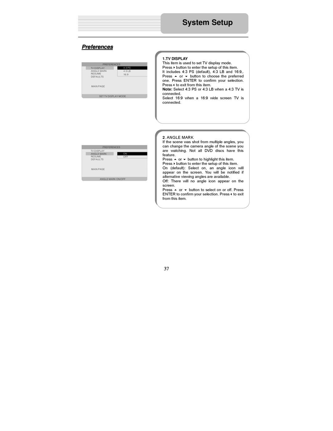 Polaroid PDM-0725 operation manual Preferences, System Setup, Angle Mark 