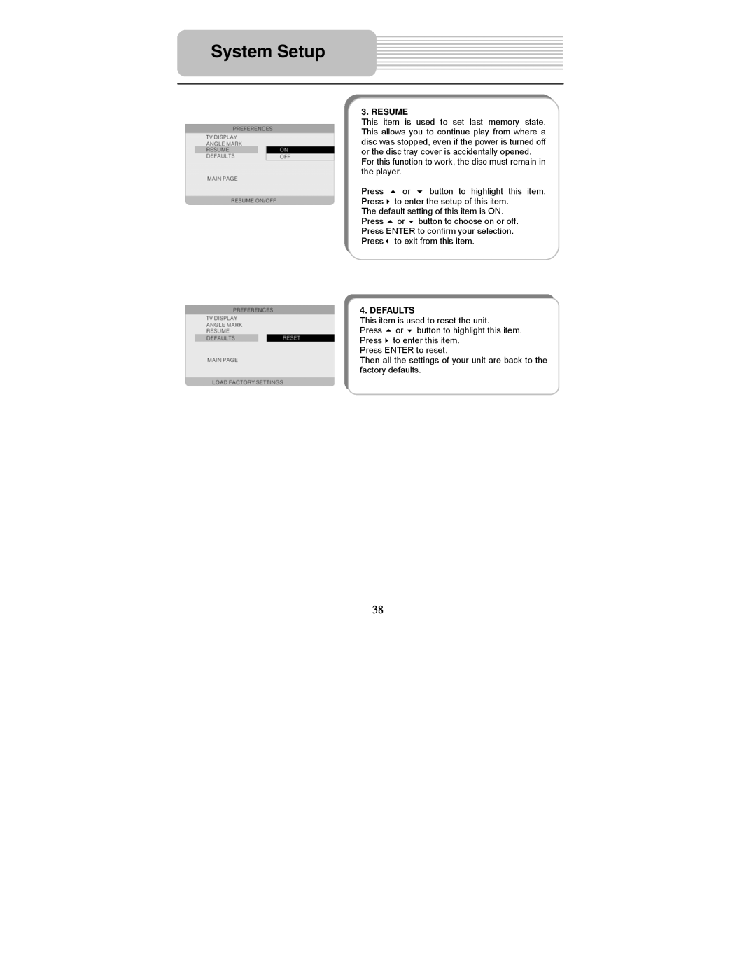 Polaroid PDM-0725 operation manual System Setup, Resume, Defaults, button to highlight this item 