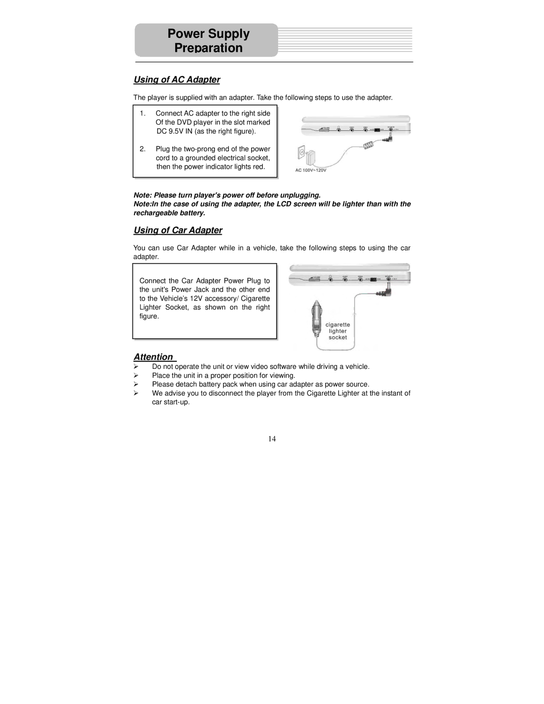 Polaroid PDM-0732 operation manual Power Supply Preparation, Using of AC Adapter, Using of Car Adapter 