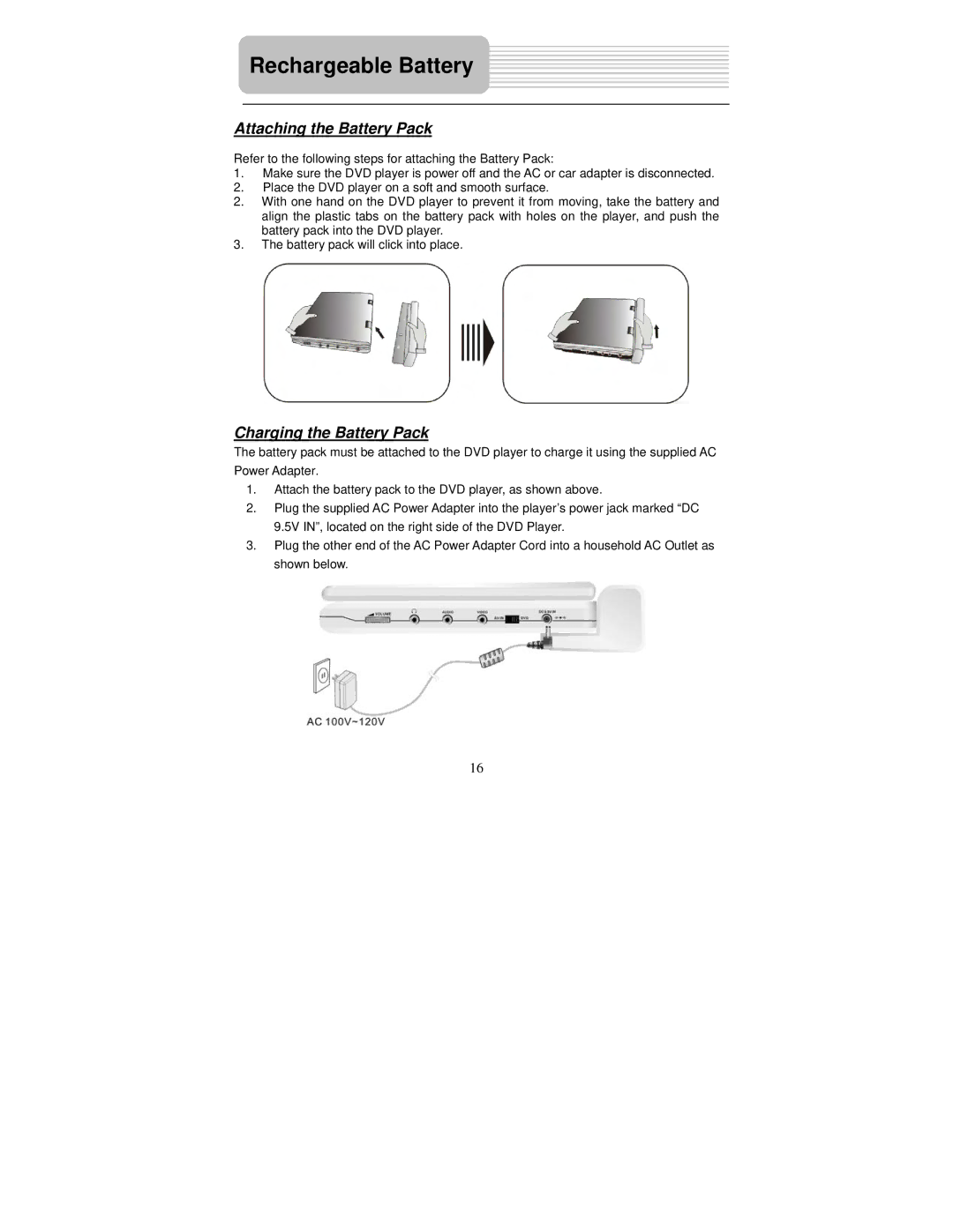 Polaroid PDM-0732 operation manual Attaching the Battery Pack, Charging the Battery Pack 