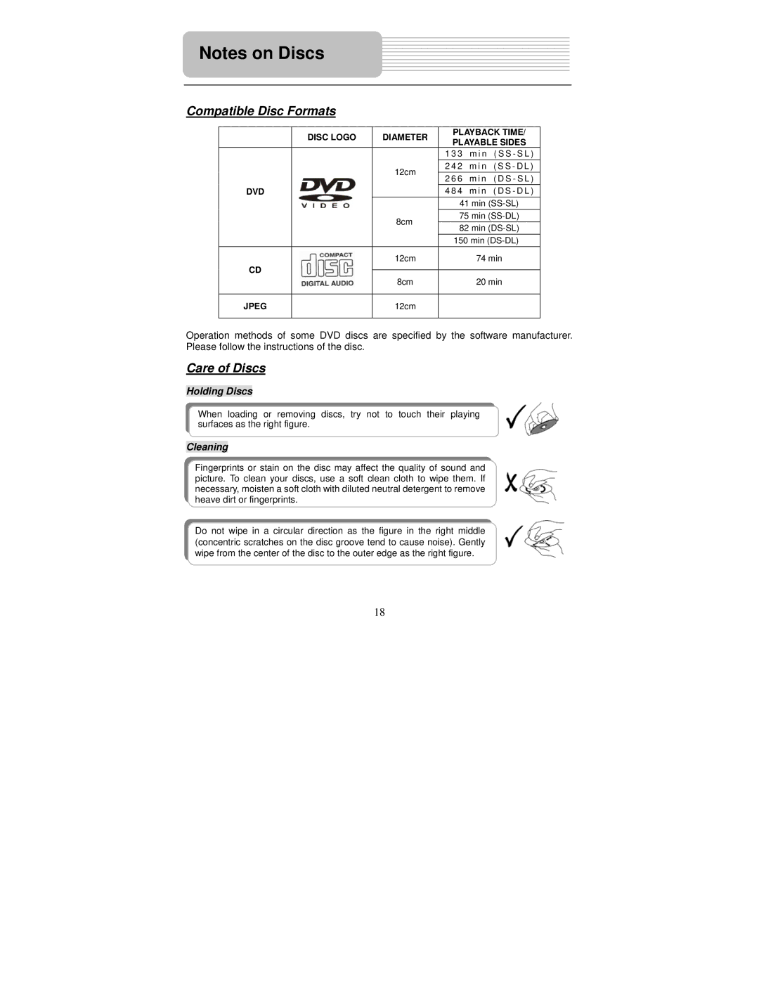 Polaroid PDM-0732 operation manual Compatible Disc Formats, Care of Discs, Holding Discs, Cleaning, 12cm 