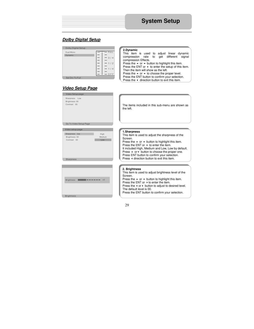 Polaroid PDM-0732 operation manual Video Setup, Dynamic, Sharpness, Brightness 