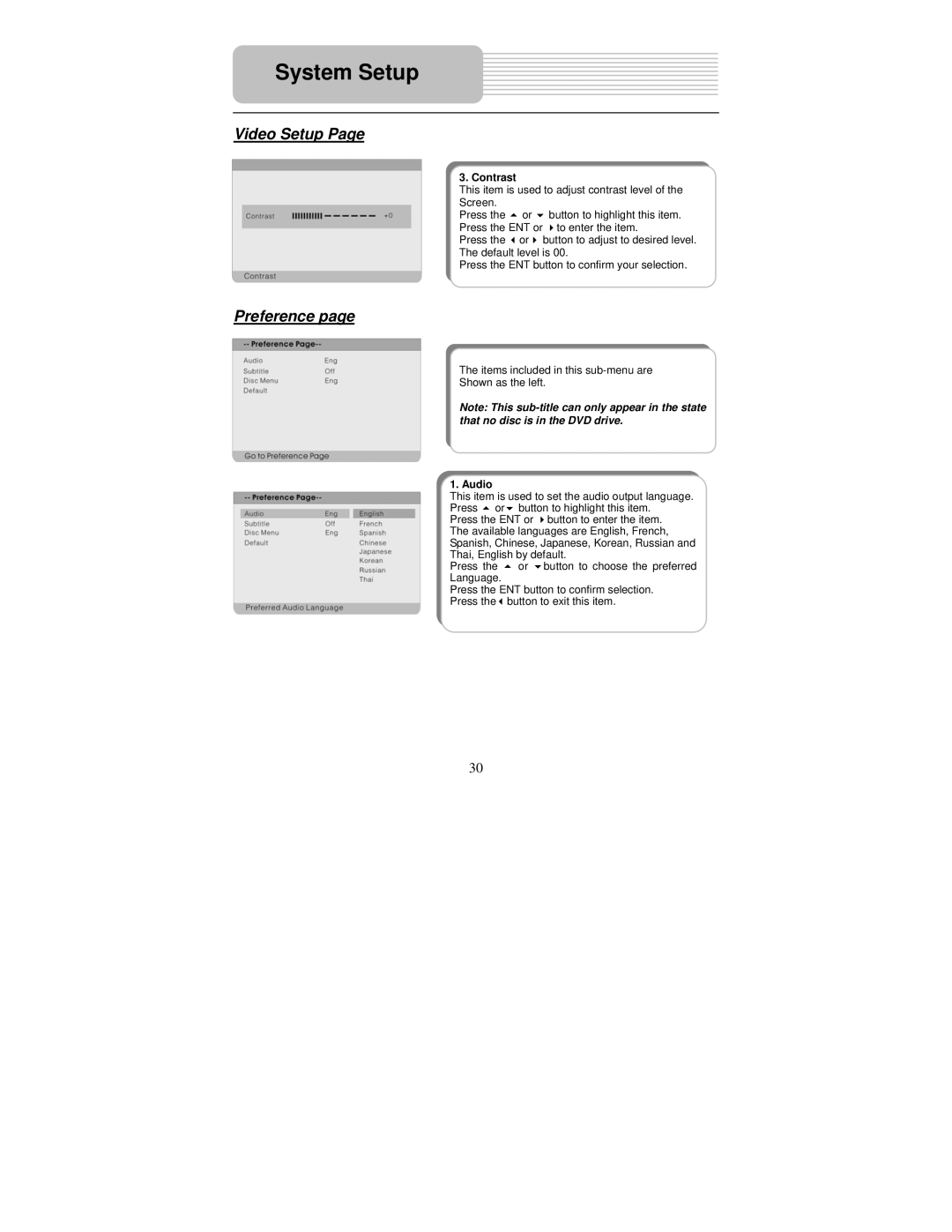 Polaroid PDM-0732 operation manual Preference, Contrast, Audio 