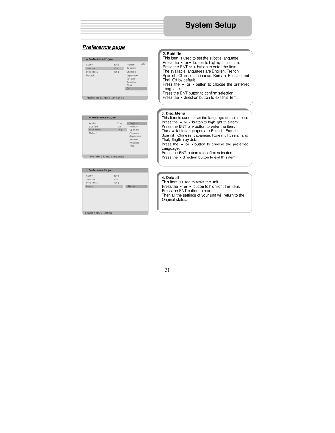 Polaroid PDM-0732 operation manual Subtitle, Disc Menu, Default 