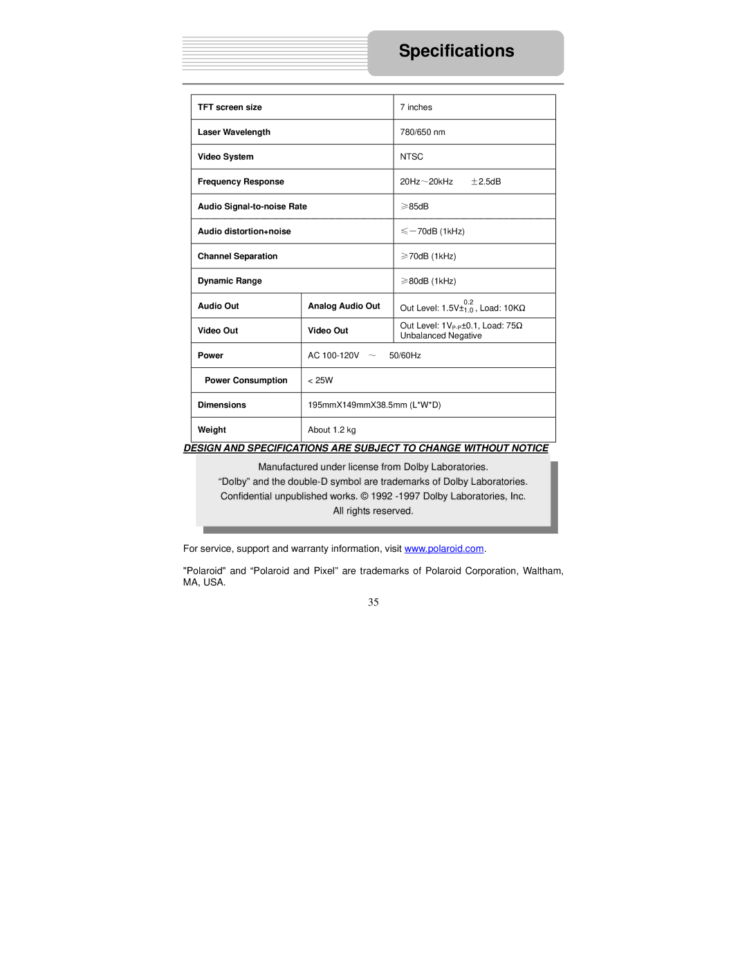 Polaroid PDM-0732 operation manual Specifications, Manufactured under license from Dolby Laboratories 