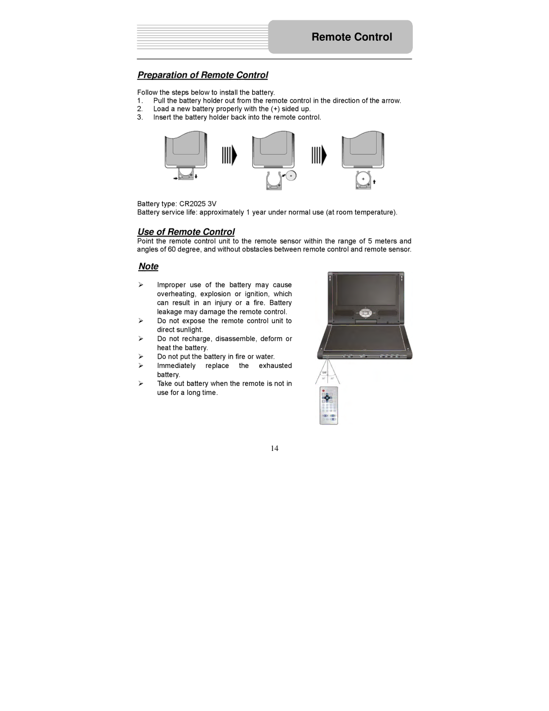 Polaroid PDM-0742 user manual Preparation of Remote Control, Use of Remote Control 