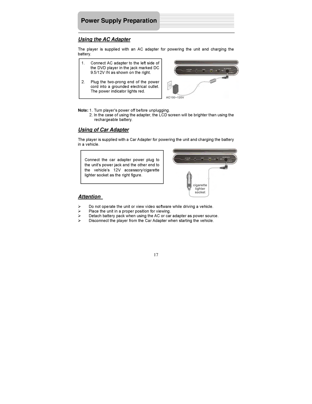 Polaroid PDM-0742 user manual Power Supply Preparation, Using the AC Adapter, Using of Car Adapter 