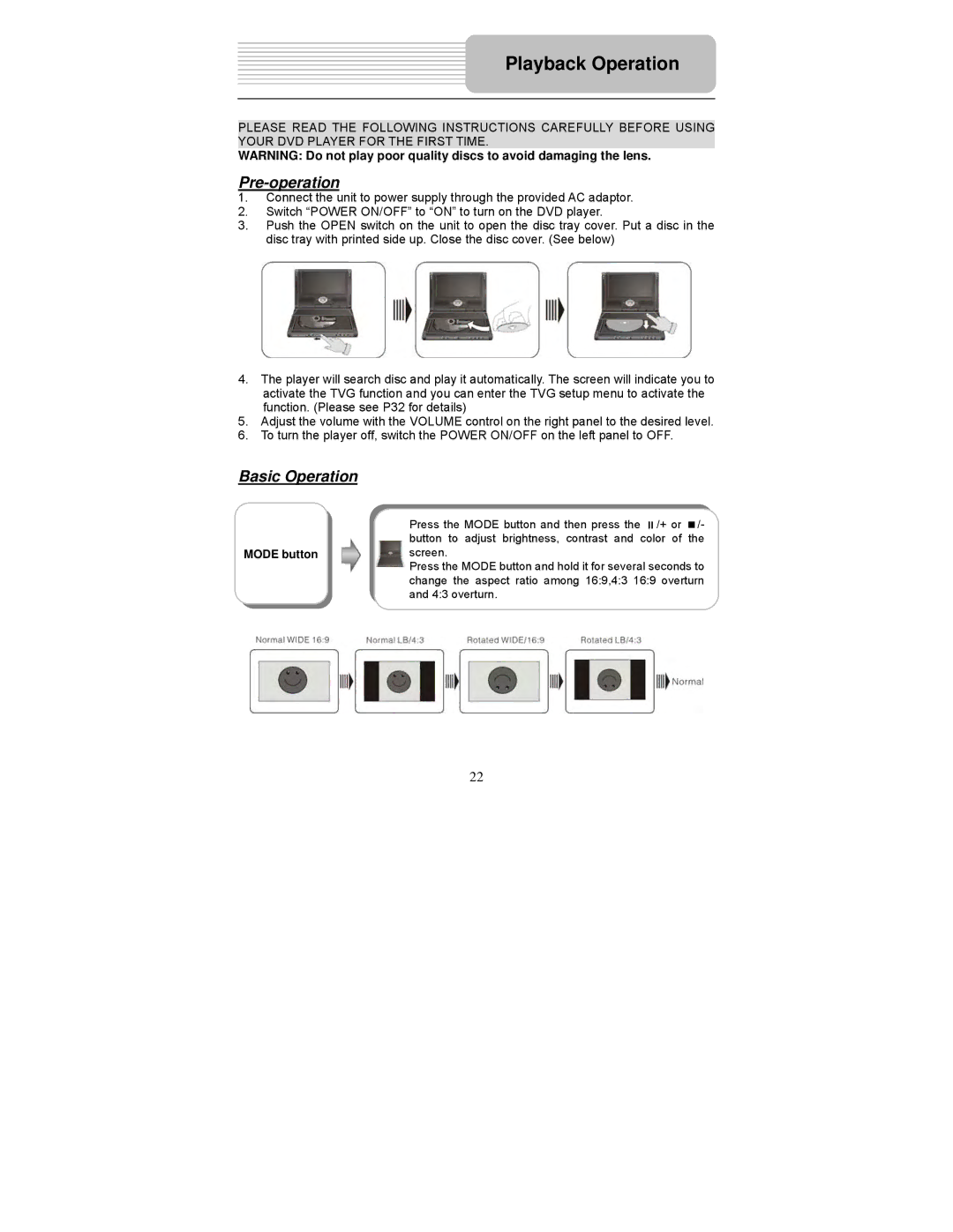 Polaroid PDM-0742 user manual Playback Operation, Pre-operation, Basic Operation, Mode button 