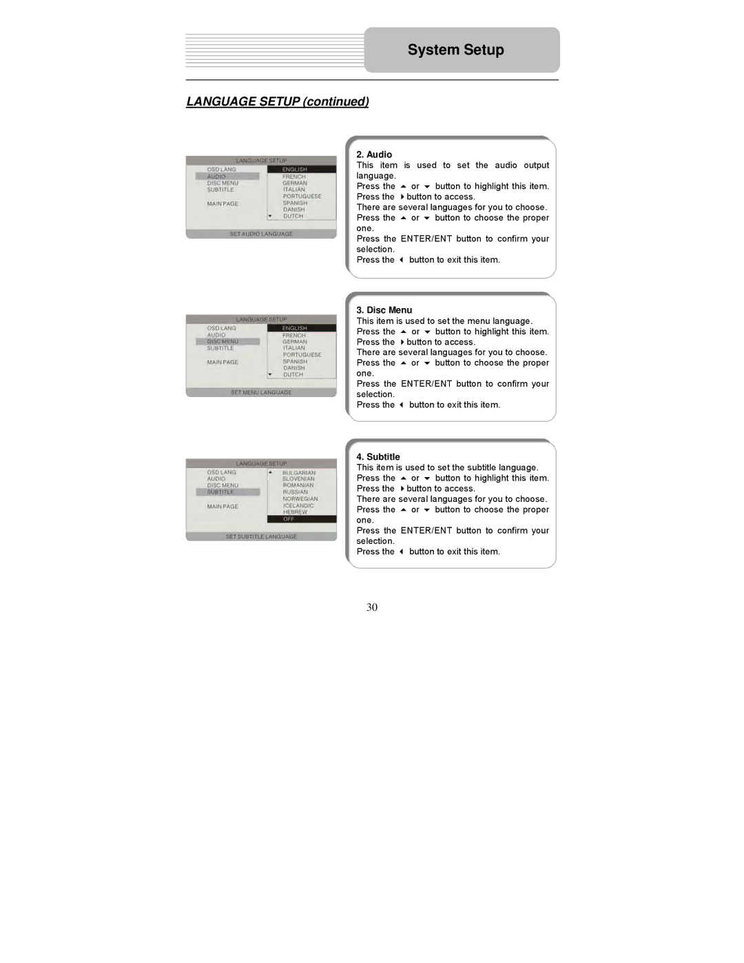 Polaroid PDM-0742 user manual Language Setup, Audio, Disc Menu, Subtitle 