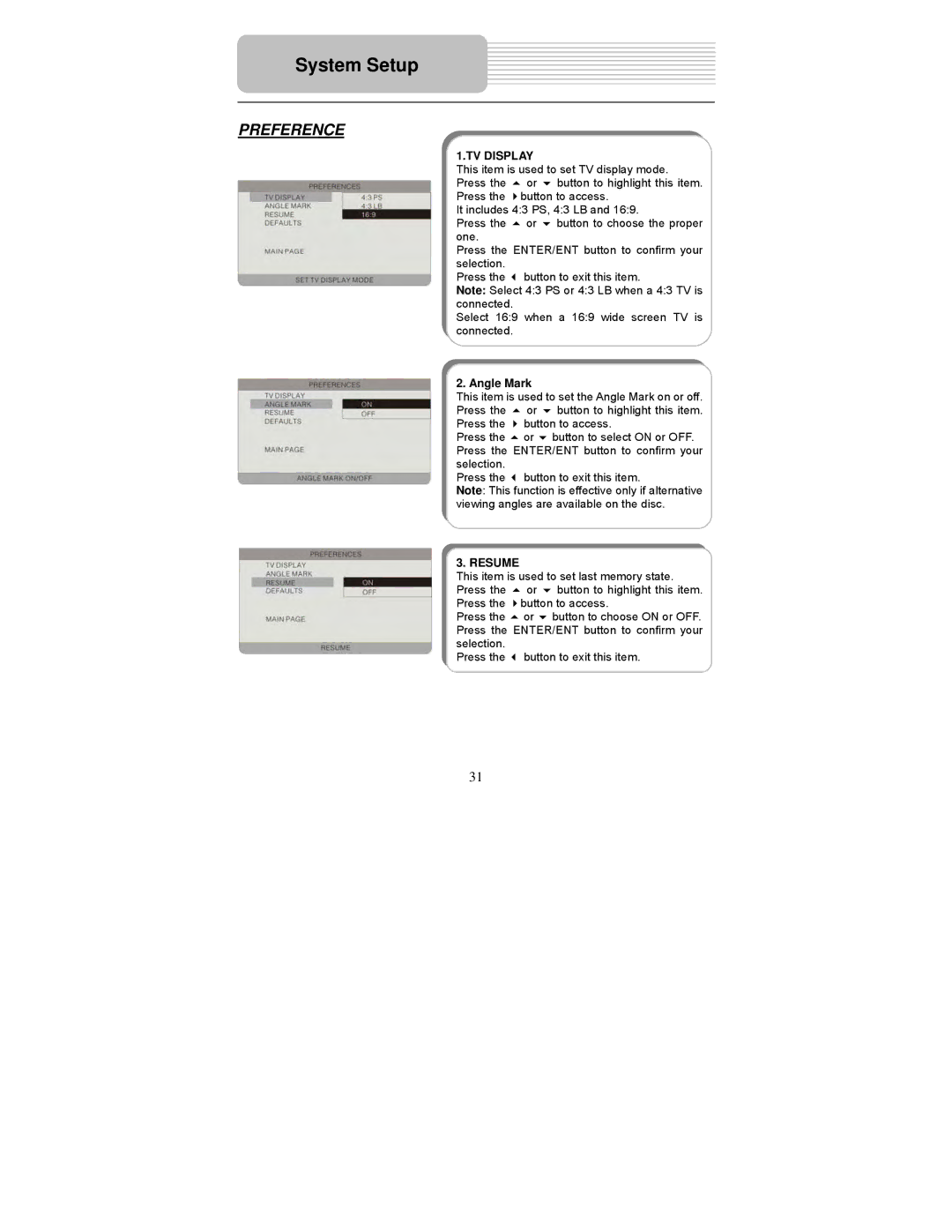 Polaroid PDM-0742 user manual Preference, Angle Mark 