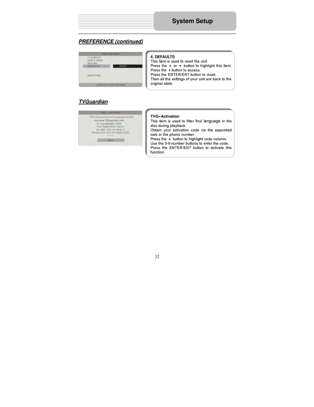 Polaroid PDM-0742 user manual Preference, TVGuardian, TVG--Activation 