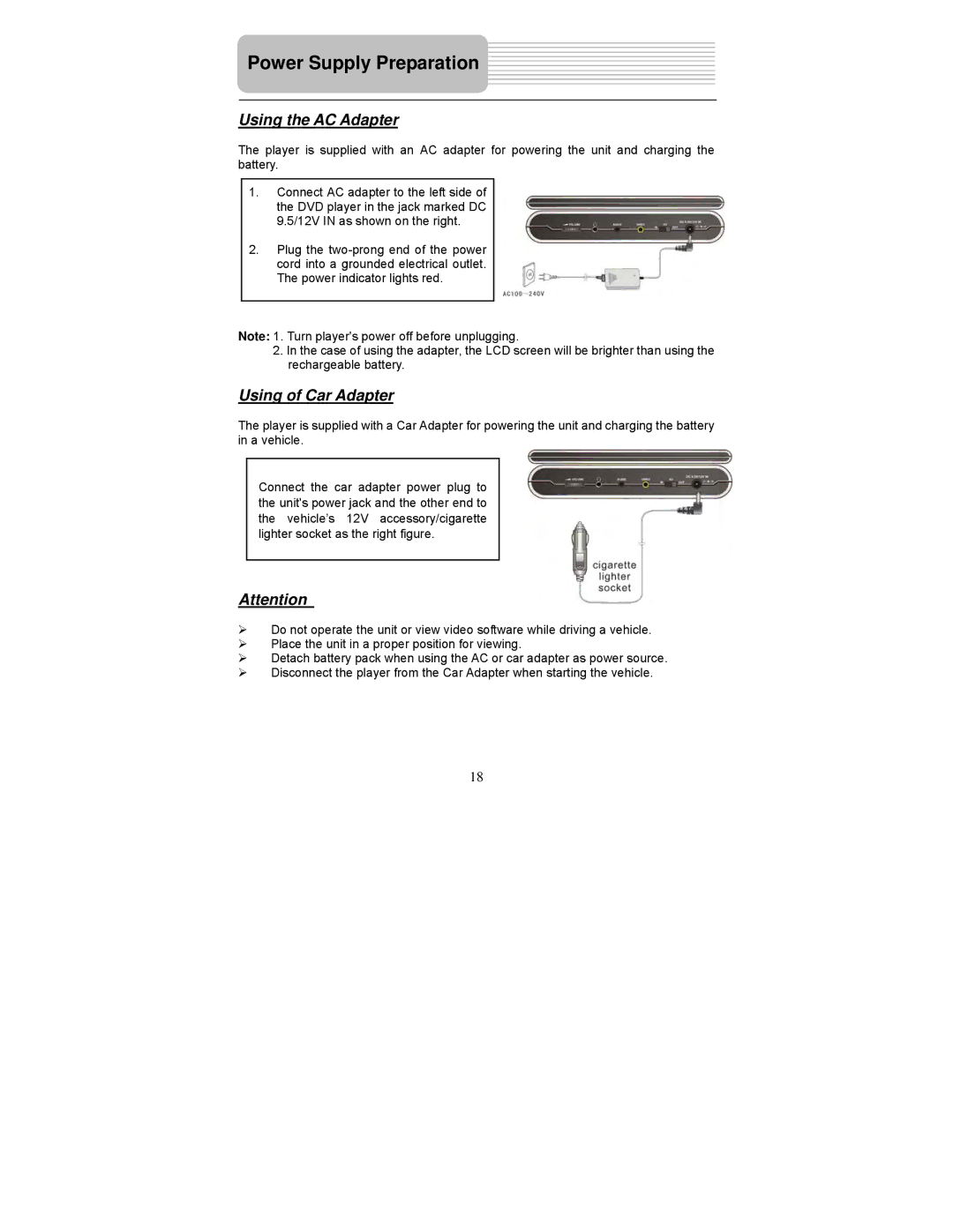 Polaroid PDM-0743 operation manual Power Supply Preparation, Using the AC Adapter, Using of Car Adapter 