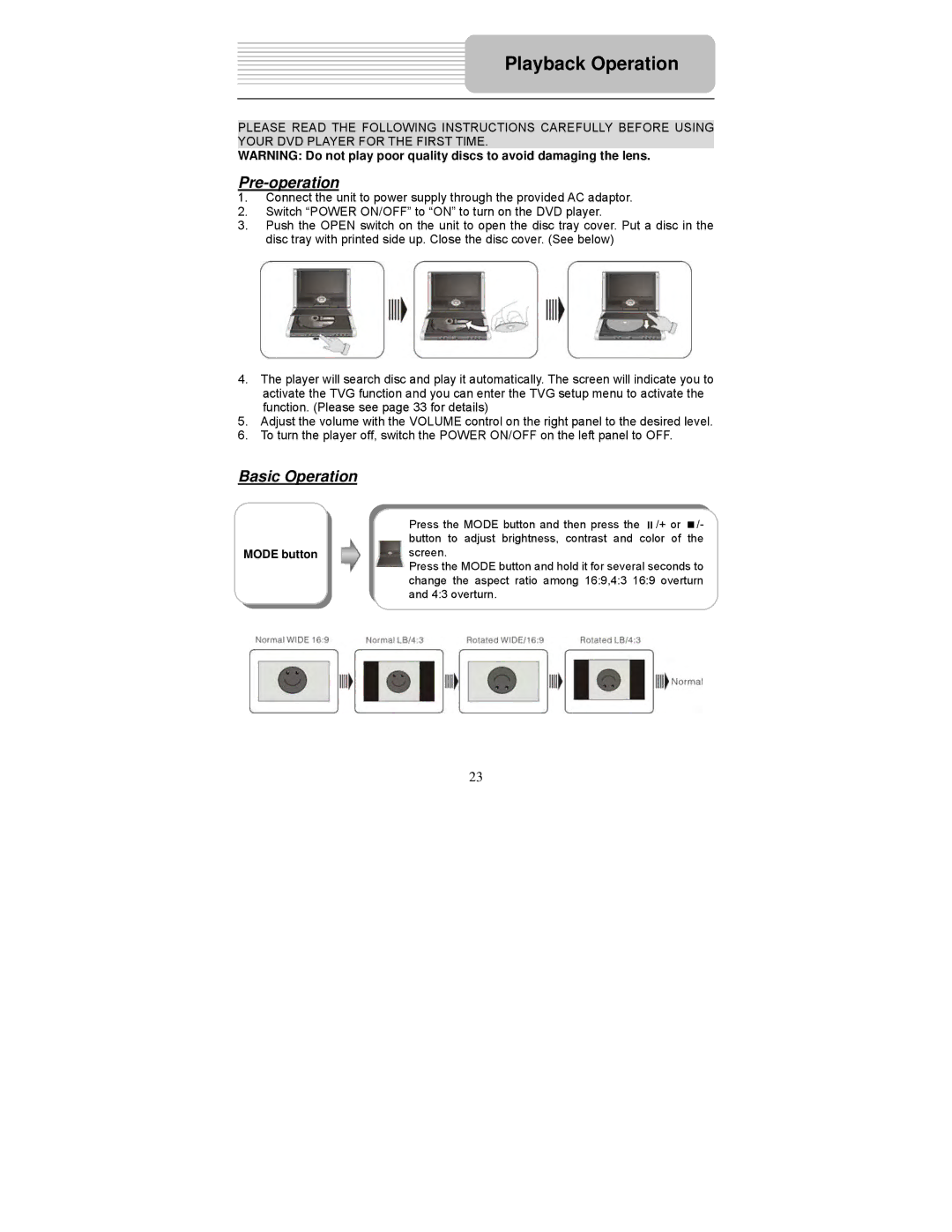 Polaroid PDM-0743 operation manual Playback Operation, Pre-operation, Basic Operation, Mode button 