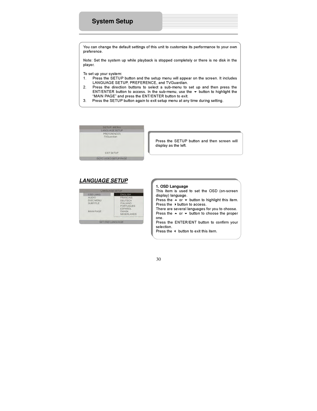 Polaroid PDM-0743 operation manual System Setup, OSD Language 