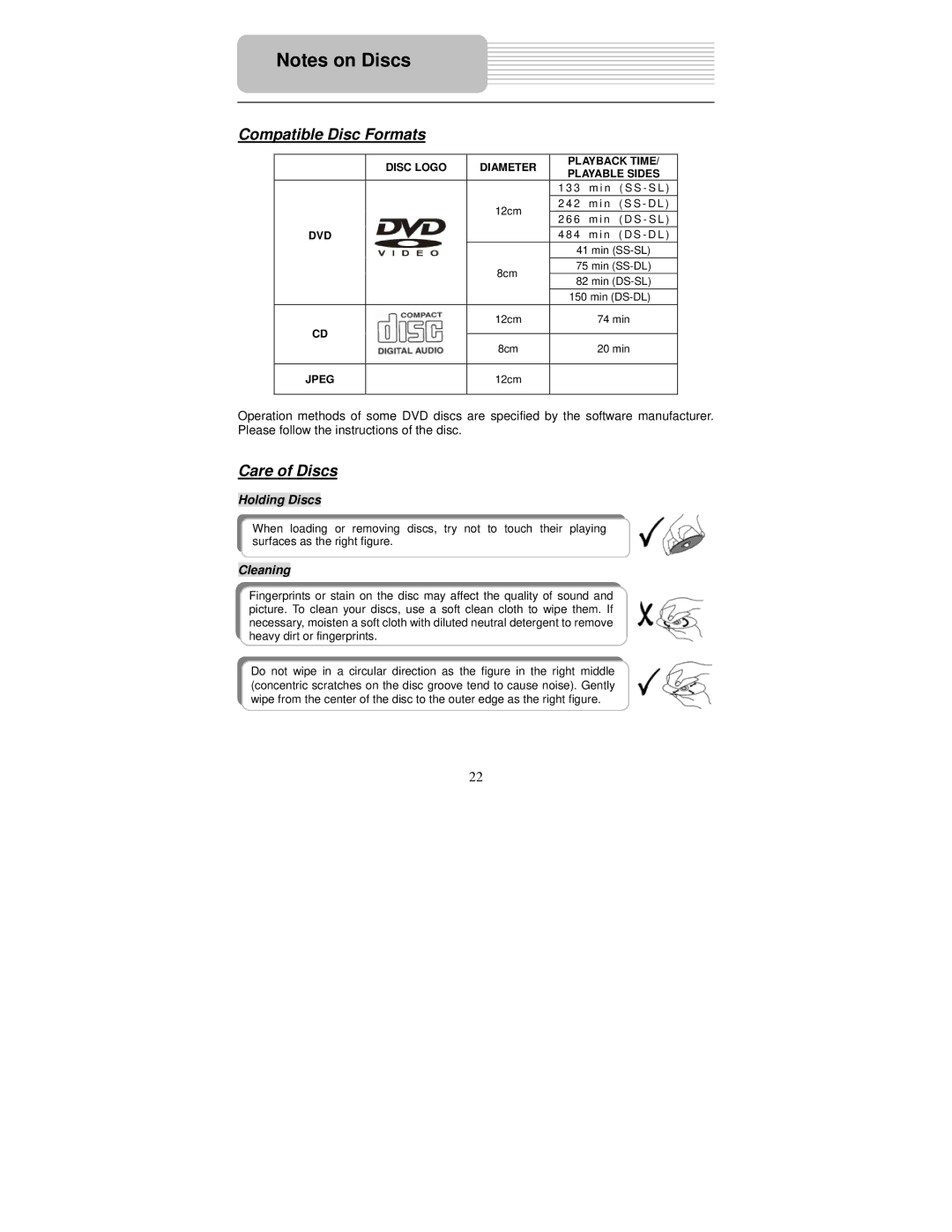 Polaroid PDM-0743LA operation manual Compatible Disc Formats, Care of Discs, 12cm 