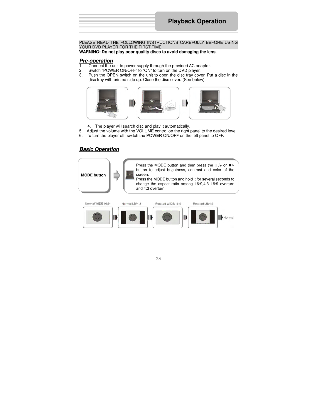 Polaroid PDM-0743LA operation manual Playback Operation, Pre-operation, Basic Operation 