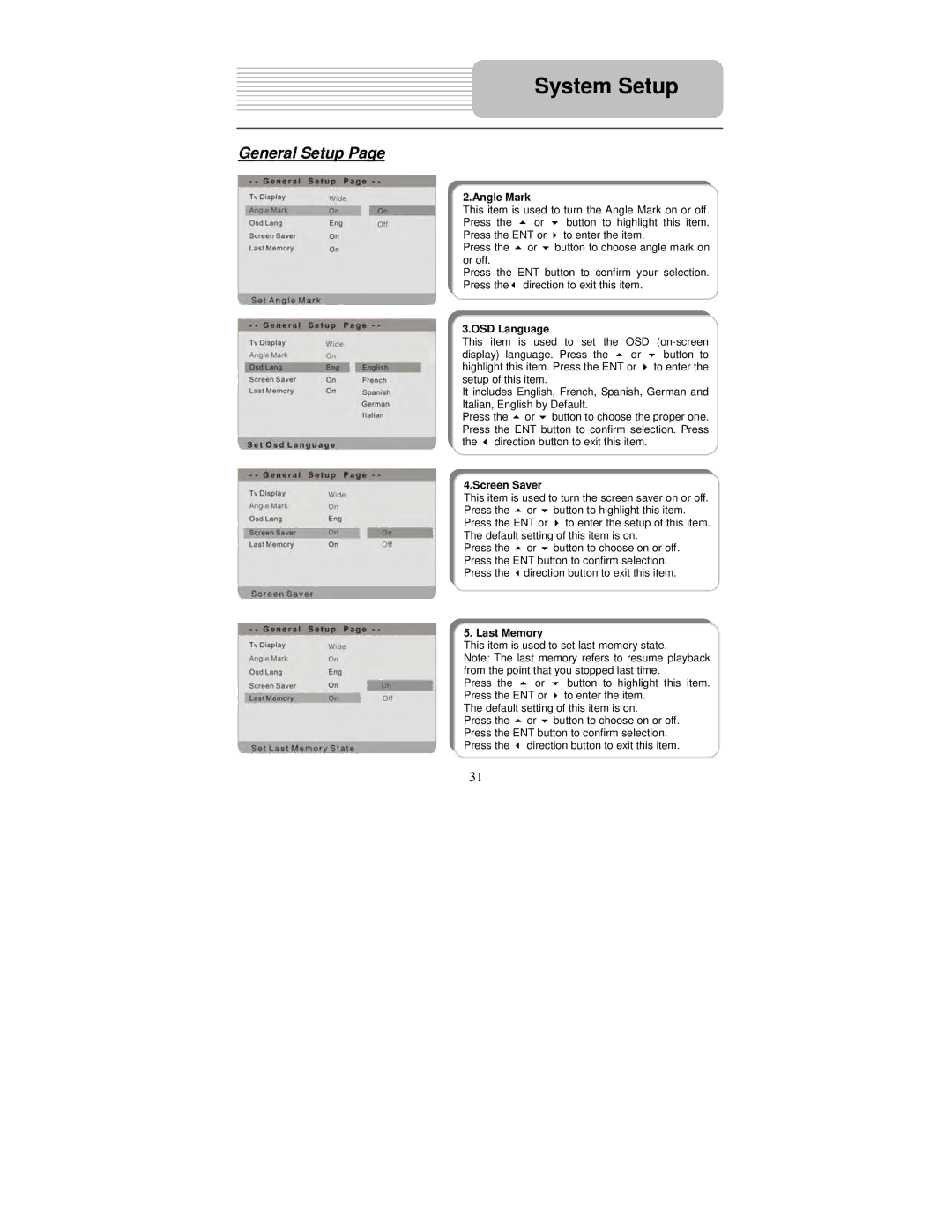 Polaroid PDM-0743LA operation manual Angle Mark, OSD Language, Screen Saver, Last Memory 